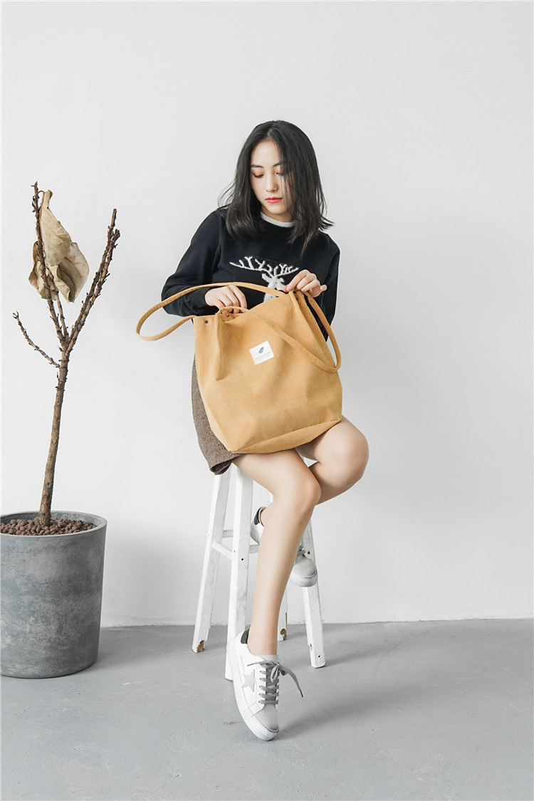 OEM ODM Factory ECO Friendly Polyester Cotton Black Yellow Shopping Corduroy Grocery Bag(图2)